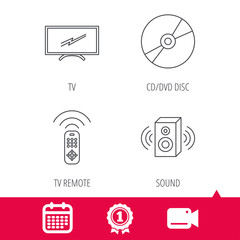 Achievement and video cam signs. TV remote, sound and DVD disc icons. Widescreen TV linear sign. Calendar icon. Vector
