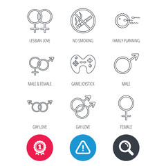 Achievement and search magnifier signs. No smoking, family planning and game joystick icons. Male, female and couple linear signs. Gay, lesbian love icons. Hazard attention icon. Vector