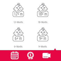 Achievement and video cam signs. Infant child and toddler baby icons. 6-18 months child linear sign. Calendar icon. Vector