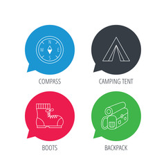 Colored speech bubbles. Backpack, camping tent and compass icons. Boots linear sign. Flat web buttons with linear icons. Vector