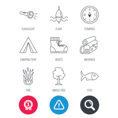 Achievement and search magnifier signs. Maple tree, fishing float and hiking boots icons. Compass, flashlight and fire linear signs. Camping tent, fish and backpack icons. Hazard attention icon
