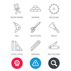 Achievement and search magnifier signs. Paper knife, spatula and scissors icons. Circular saw, brickwork and drill tool linear signs. Multi-tool knife, rulers icons. Hazard attention icon. Vector
