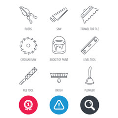 Achievement and search magnifier signs. Trowel for tile, saw and brush tool icons. Level and file tool, bucket of paint linear signs. Plunger, pliers icons. Hazard attention icon. Vector