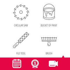 Achievement and video cam signs. File tool, circular saw and brush tool icons. Bucket of paint linear sign. Calendar icon. Vector