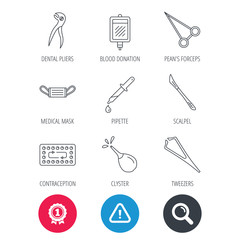 Achievement and search magnifier signs. Medical mask, blood and dental pliers icons. Contraception, scalpel and clyster linear signs. Tweezers, pipette and forceps flat line icons. Vector