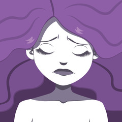 Purple monochrome sad woman face illustration showing suffering concept
