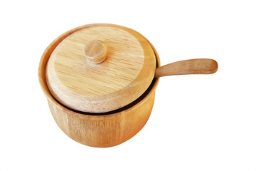 wooden condiment and sauce bowl with spoon isolated on white