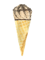 Watercolor chocolate ice cream with chocolate sprinkles in waffl