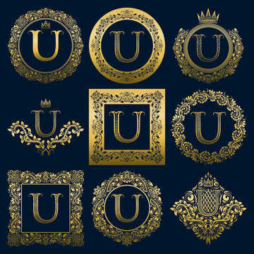 Vintage monograms set of U letter. Golden heraldic logos in wreaths, round and square frames.