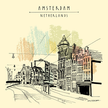 Amsterdam, Holland, Netherlands Europe. Street in old town, tram stop. Dutch traditional historical buildings. Hand drawing. Travel sketch. Book illustration, postcard or poster