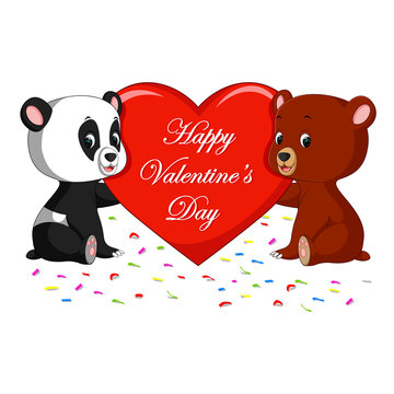 bear and panda holding heart