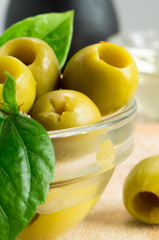 Green marinated olives close-up