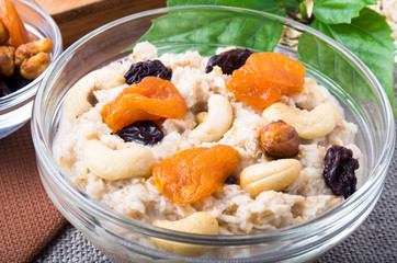 View close-up on a portion of oatmeal with fruit