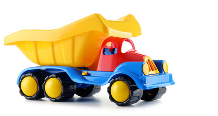 Colorful plastic truck toy isolated on white