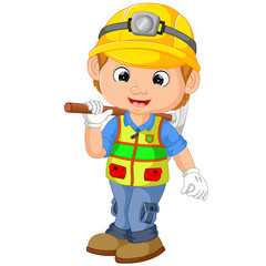 Cartoon Construction worker repairman with pickaxe