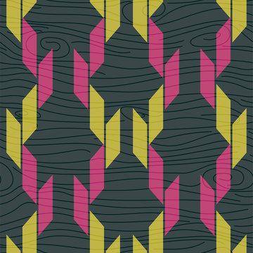 Graphic elements on blue wood texture vector seamless pattern.