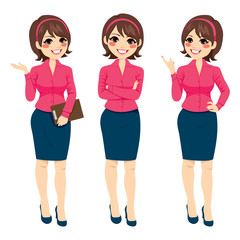 Three different full body illustration of beautiful brunette businesswoman standing making gestures