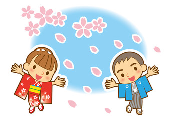 桜吹雪　晴着のカップル