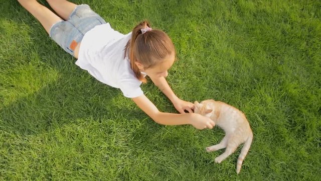 Top view shot of beautiful girl lying on grass with red kitten