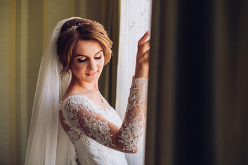Fototapeta premium gorgeous happy luxury stylish brunette bride near a window on the background of vintage room