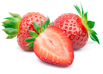 Perfectly retouched strawberry with sliced half and leaves isolated on white background with clipping path