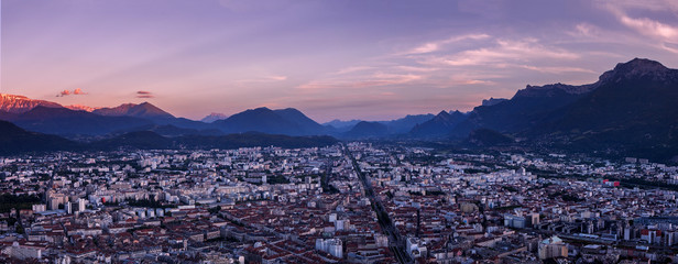 Panoramic view of Grenoble city after sunset