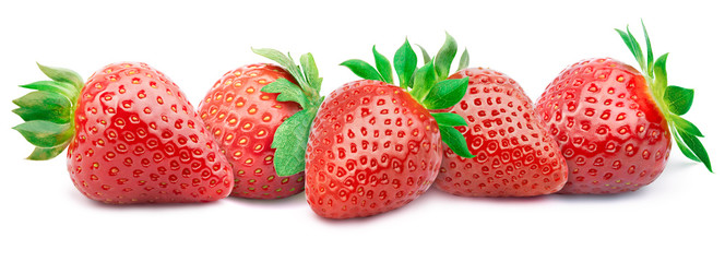 Five ripe strawberries in a line with green leaves isolated on white background with clipping path