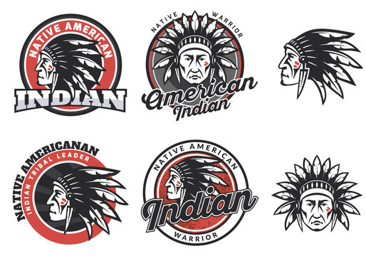American indian round logo, badges and emblems.