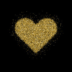 Gold glitter Valentines day heart sign badge with black background for logo, design concepts, banners, labels, postcards, invitations, prints, posters, web. Vector illustration.