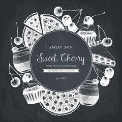 Vector card design with ink hand drawn cherry dessert illustration. Vintage template with traditional berry cake, tart and pie sketch. Sweet bakery. Top view.