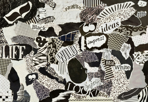 Creative Atmosphere Art Mood Board Collage Sheet In Color Idea Black And White Made Of Teared Magazines And Printed Matter Paper With Signs And Textures