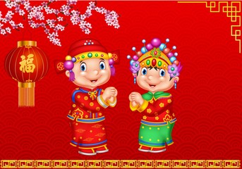 Obraz na płótnie Canvas Cartoon Chinese kid wearing traditional costume 