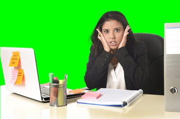  business woman suffering stress working at office isolated green chroma key background