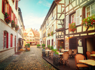 Fototapeta na wymiar street of Petit France medieval district of Strasbourg,Alsace France, toned