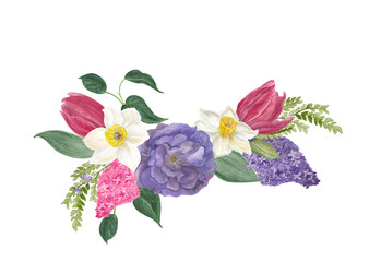 Watercolor painting spring flowers bouquet:daffodils and tulips, lilac