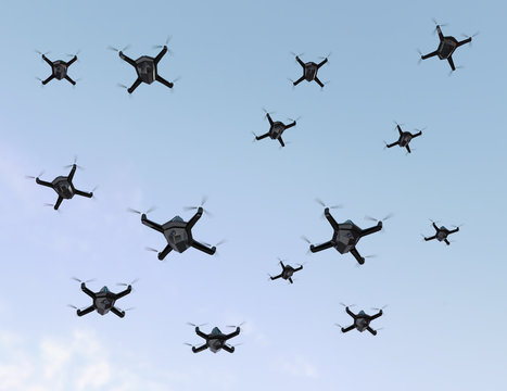 Swarm of security drones with surveillance camera flying in the sky. 3D rendering image