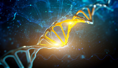 Digital illustration DNA structure in blue background - obrazy, fototapety, plakaty