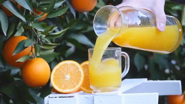 Man's hand pouring orange juice into the glass