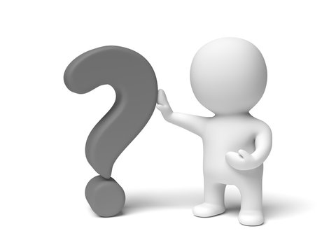 white 3d character with a big question mark (isolated on a white background)