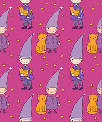 Seamless pattern with cute gnome, cat and bird. Vector illustration for children design.