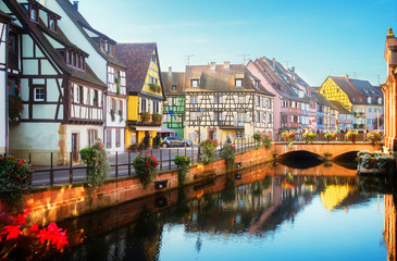 Fototapeta na wymiar canal of Colmar, most famous town of Alsace, France, toned