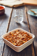 Baked pasta with mince, ragù sauce.