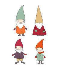 Set of cute cartoon gnomes. Funny elves. isolated objects on white background.