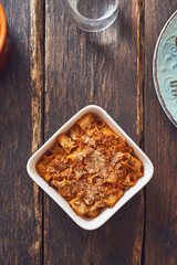 Baked pasta with mince, ragù sauce.