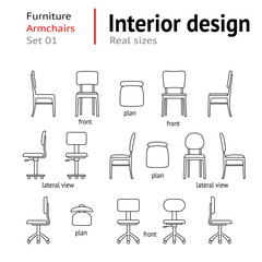Architectural thin line icons set. Furniture. Seats, chairs, armchairs. Interior elements. Plan, front, lateral views. Office facility. Standard size. Vector - 133646344