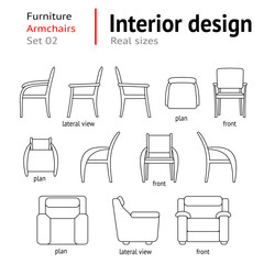 Architectural thin line icons set. Furniture. Seats, chairs, armchairs. Interior elements. Plan, front, lateral views. Office facility. Standard size. Vector - 133646356