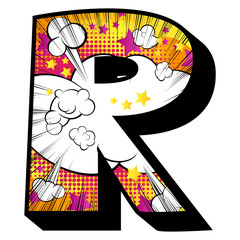 Letter R filled with comic book explosion, background.
