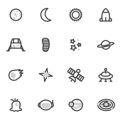 Set of vector icons and logos space, stars, planets, universe, rocket, satellite on a white background