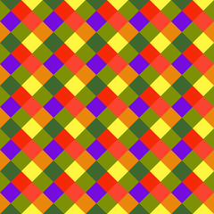 Seamless geometric checked pattern. Diagonal square, braiding, woven line background. Patchwork, rhombus, staggered texture. Baby, festival, clown, holiday colors. Vector