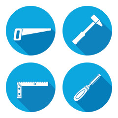 Tool icons set. Saw, hammer, chisel, angle. Repair, measuring instrument, fix carpenters work symbol. Round circle flat icon with long shadow. Vector